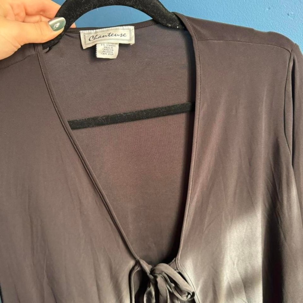 Y2K Tie Front Blouse‎ Women's Size Medium Black Chanteuse Lettuce Hem Going Out - Picture 4 of 8